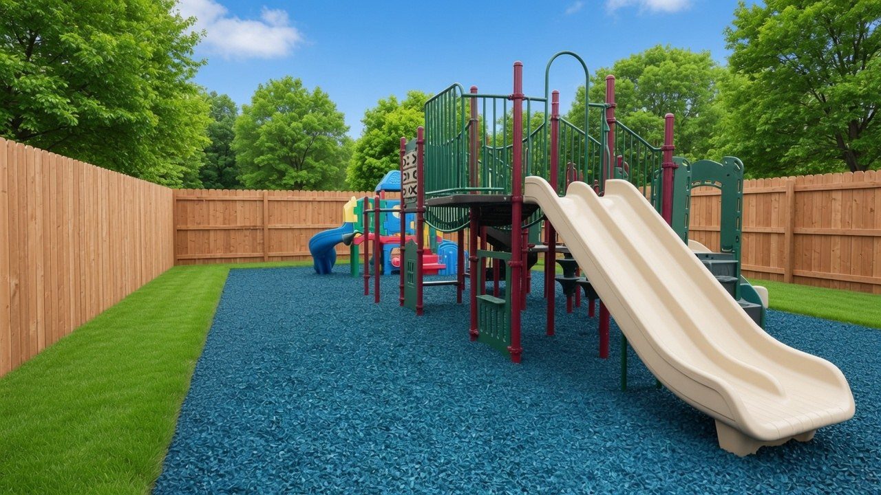 Blue rubber mulch surfacing a daycare playground