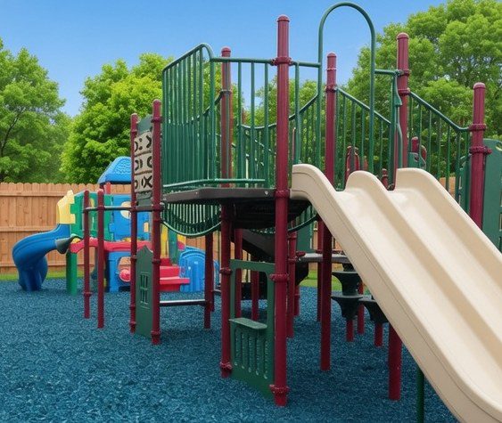 Play structure and slide over blue rubber mulch