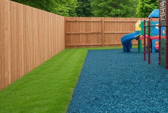 Colorful play set on blue rubber mulch with manicured lawn