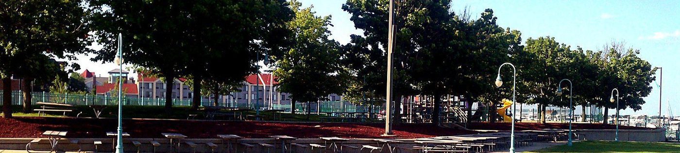 Red rubber mulch — Festival Grounds, Racine, Wisconsin