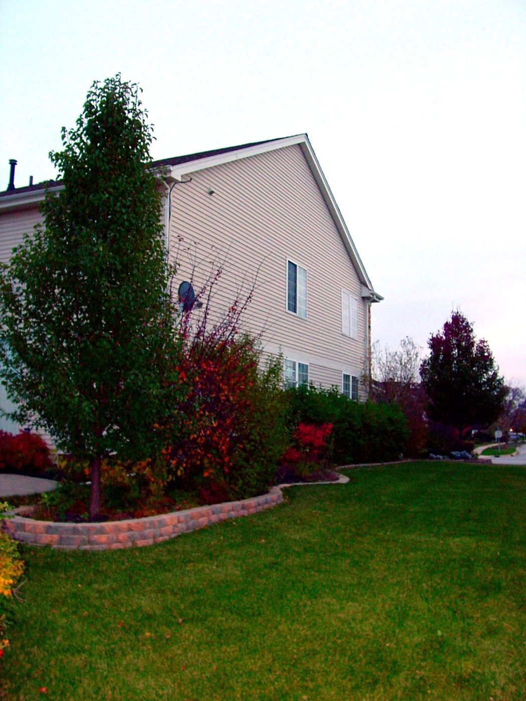 Front-yard shrub beds mulched with rubber mulch