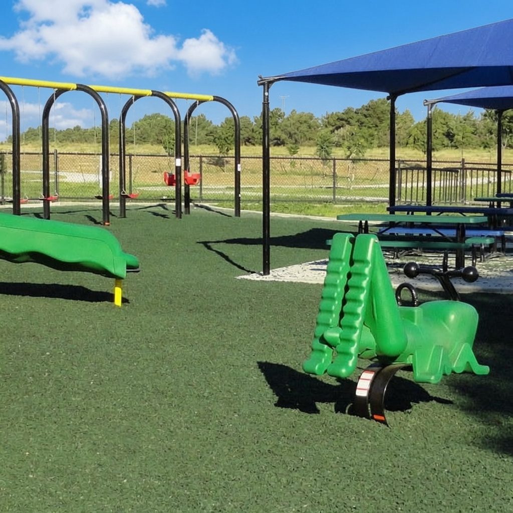 Shaded seating beside a green rubber mulch play area