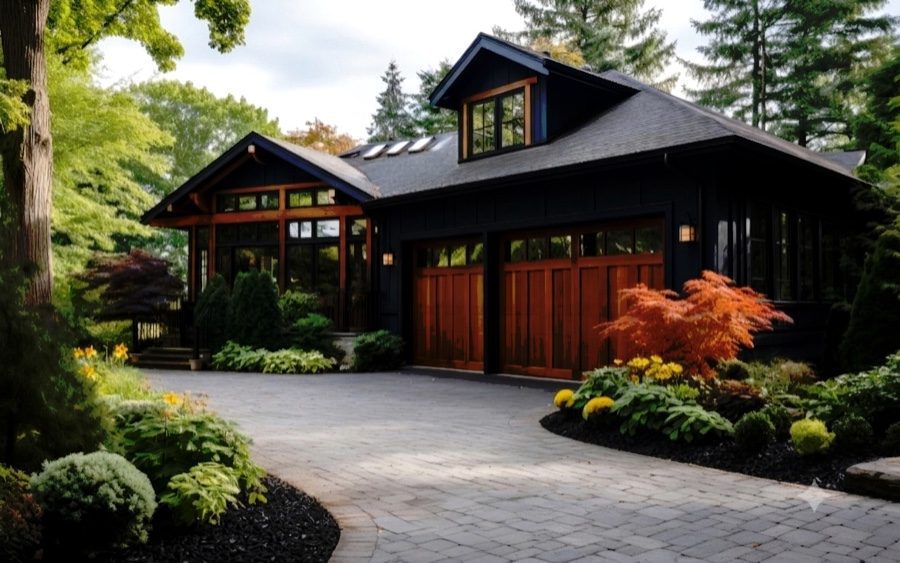 Black rubber mulch in a modern home landscape