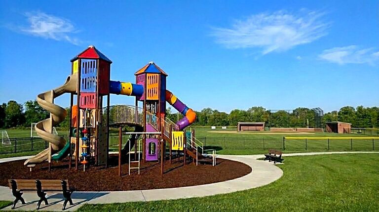 Rubber mulch shown as a fall surface under park playground equipment