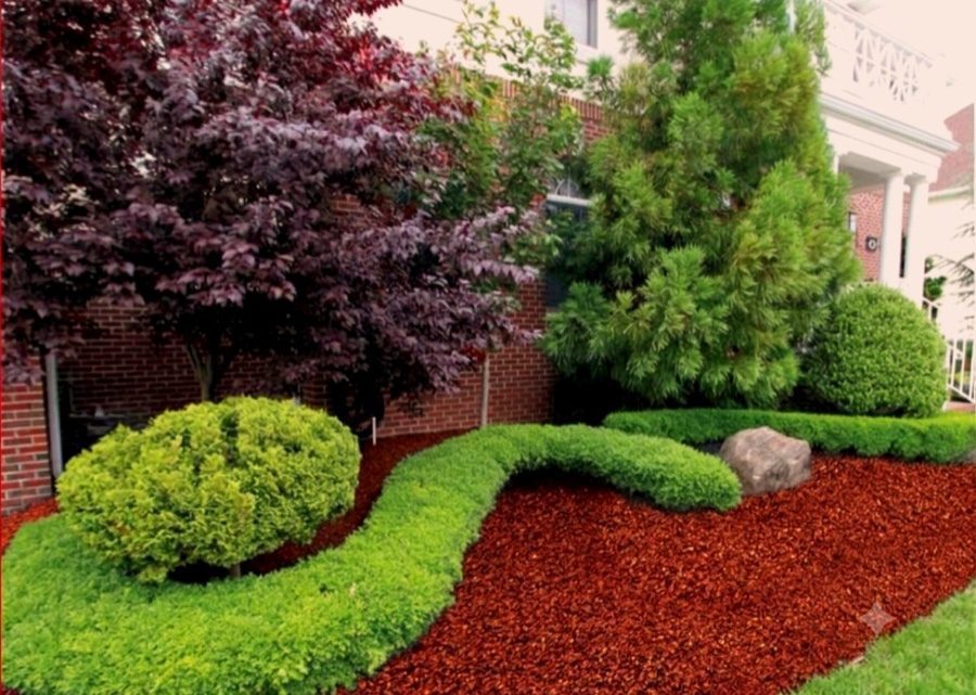 Red, redwood-toned rubber mulch in a home landscape