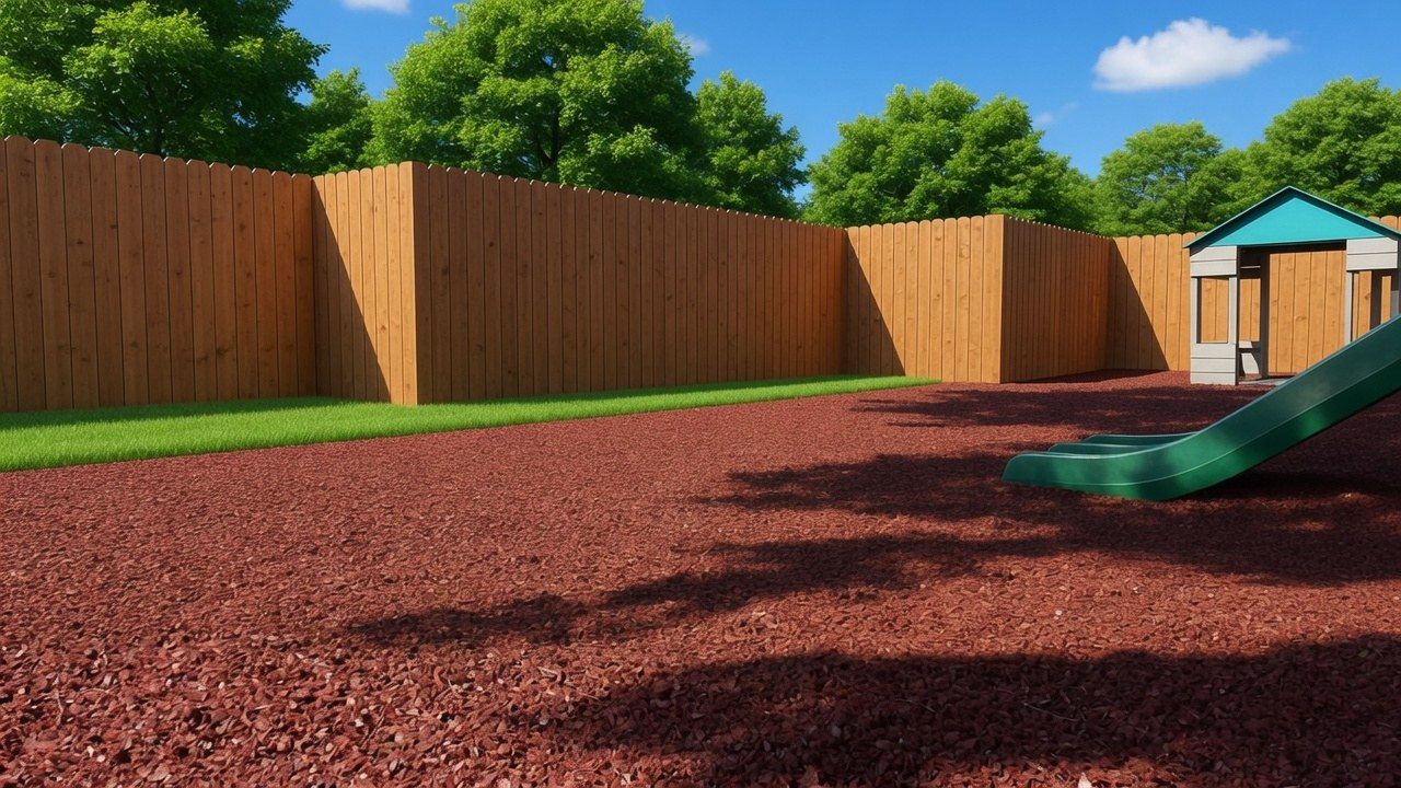 Redwood rubber mulch surfacing a daycare playground