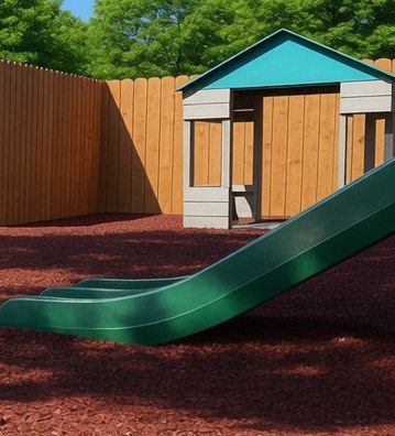 Playhouse and slide on redwood rubber mulch