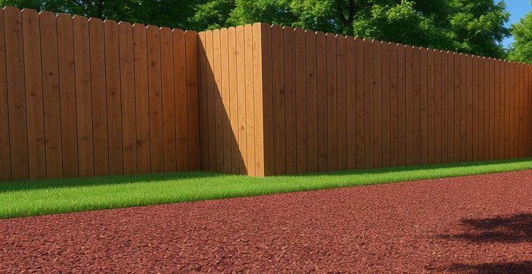 Redwood rubber mulch play yard with a wood privacy fence