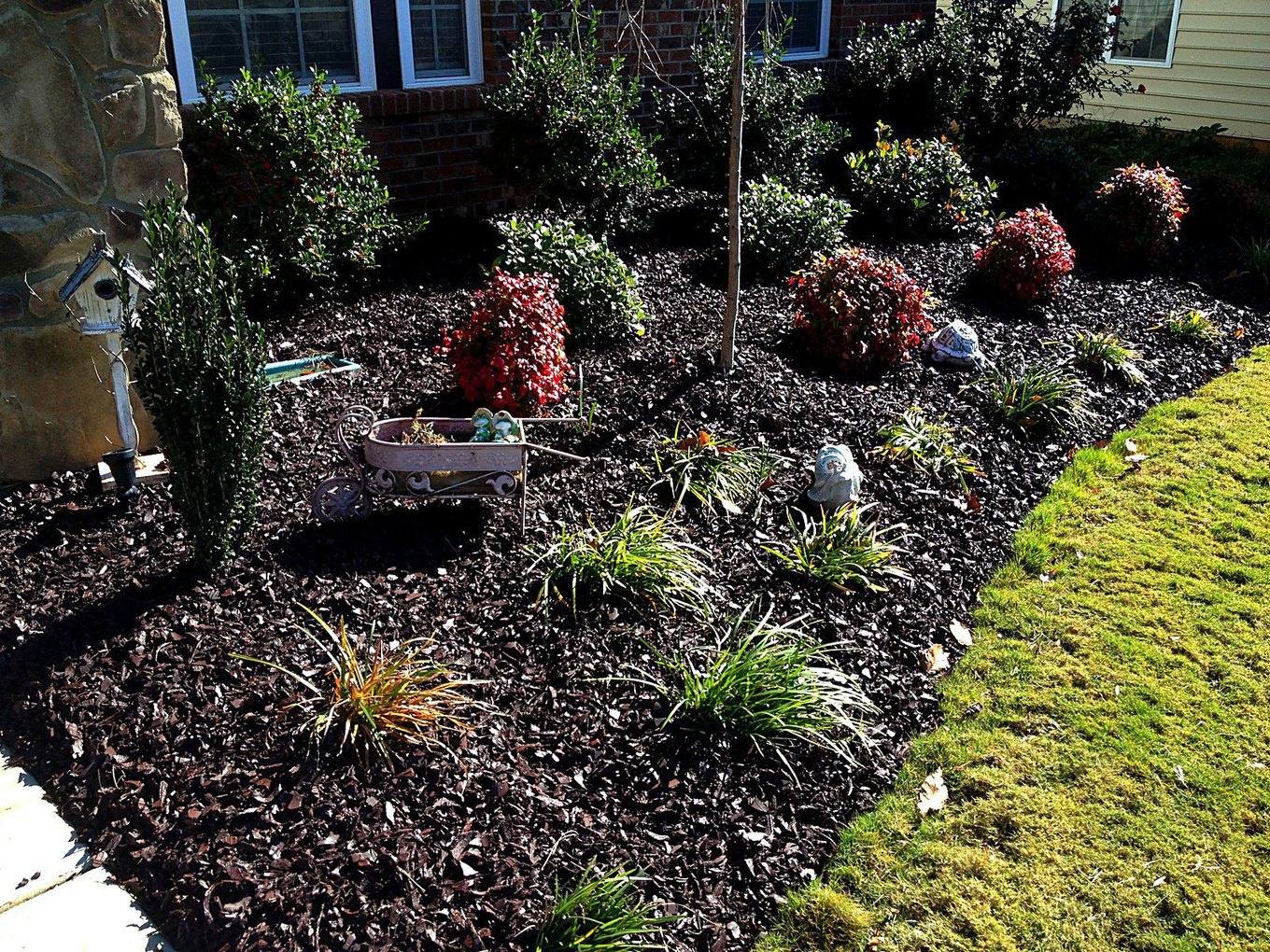 Brown rubber mulch in a landscape bed