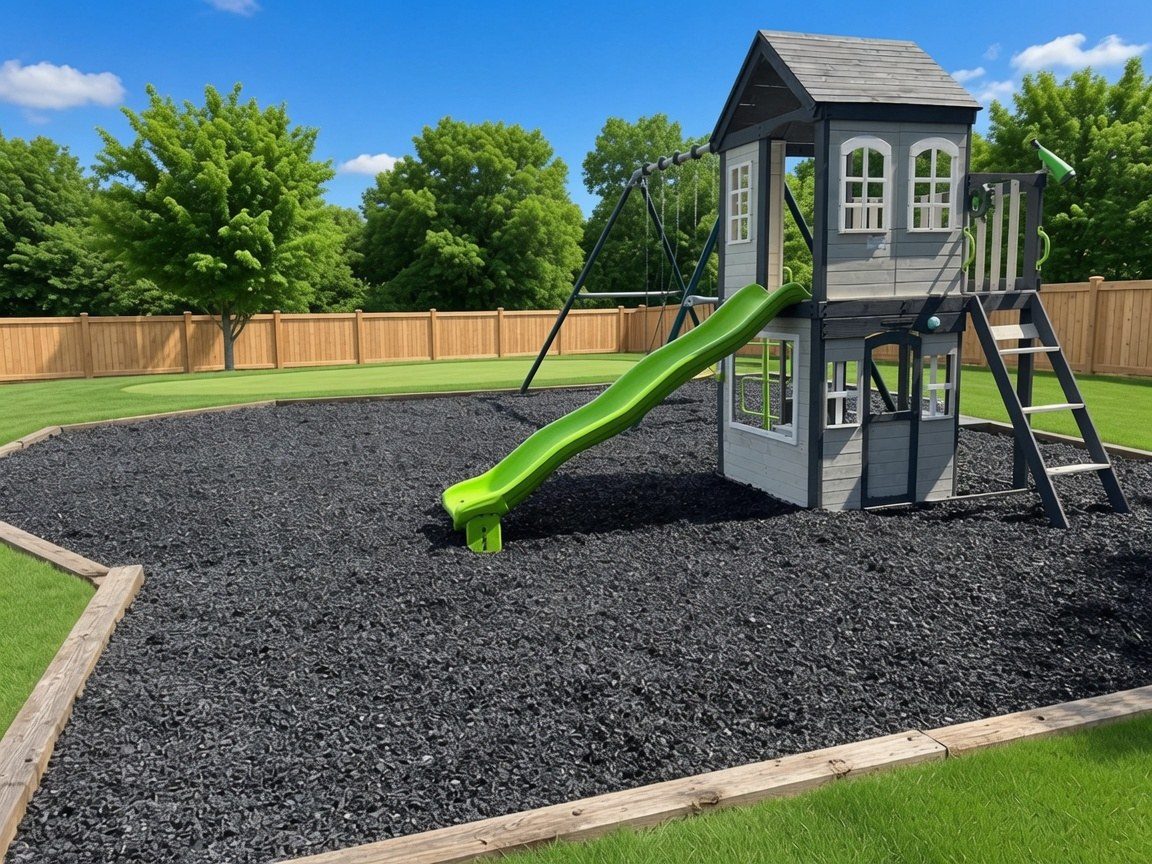 Unpainted rubber mulch under a backyard playset with a green slide