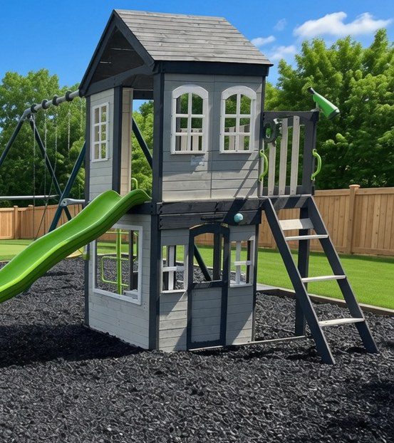 Backyard playhouse over unpainted rubber mulch