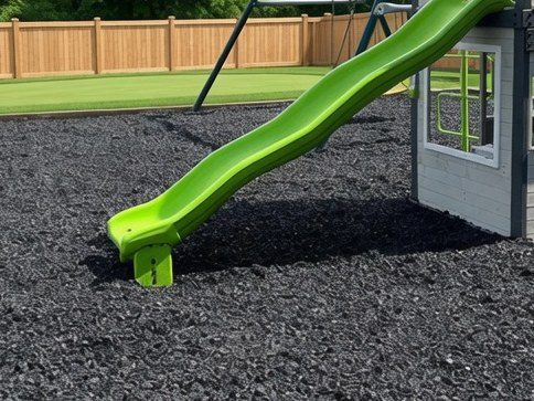 Green slide landing on unpainted rubber mulch
