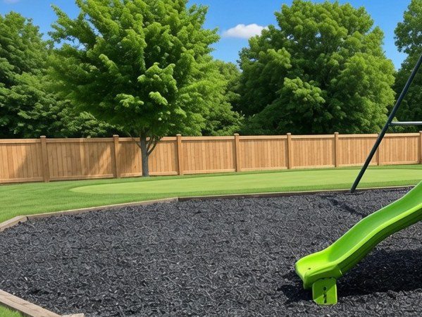 Swing set over unpainted rubber mulch