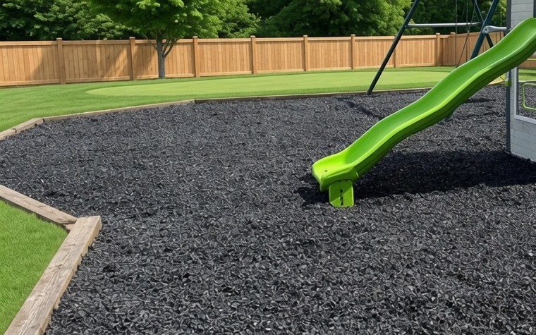 Backyard bed of unpainted rubber mulch with wood edging